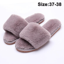 (37-38, Grey) Women Fuzzy Slippers Open Toe Furry Slippers Fluffy Memory Foam Sli