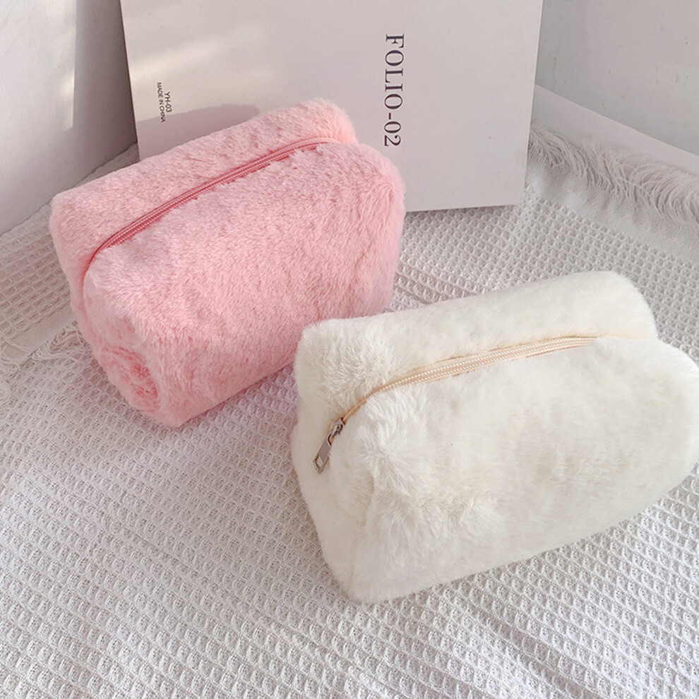 Soft Pink Plush Makeup Bag - Fluffy Portable Cosmetic Organizer