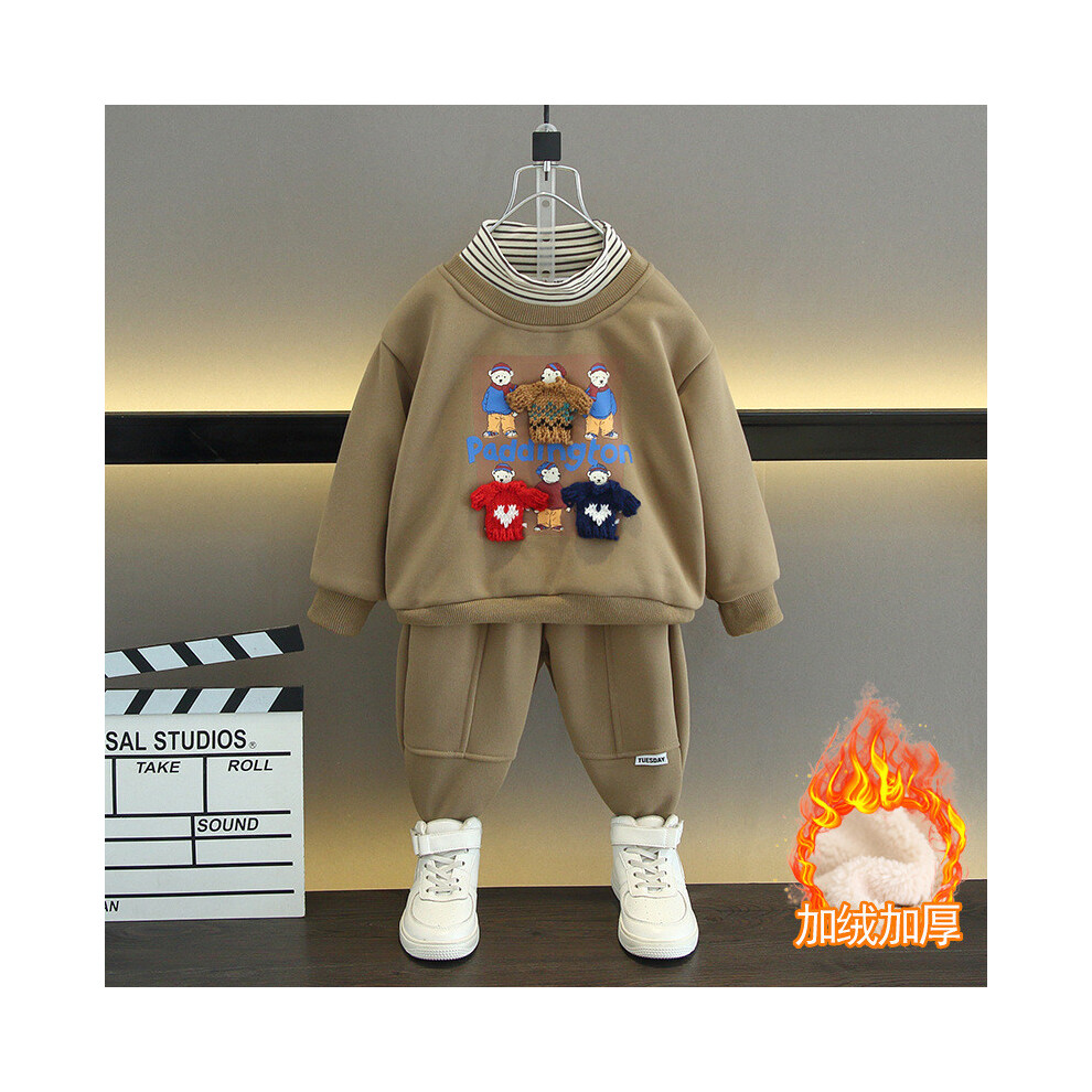 (Khaki Fleece, 100cm) Boys Korean Stylish Sweatshirt Set Cozy Long Sleeve Outfit For Autumn Playtime Winter And-image-OPC-PJBKW69-NEW