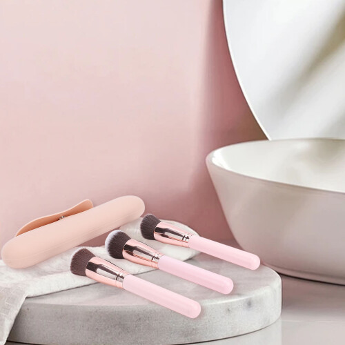 Silicone Makeup Brush Holder Set with 3 Solid Wood Brushes Travel Dustproof