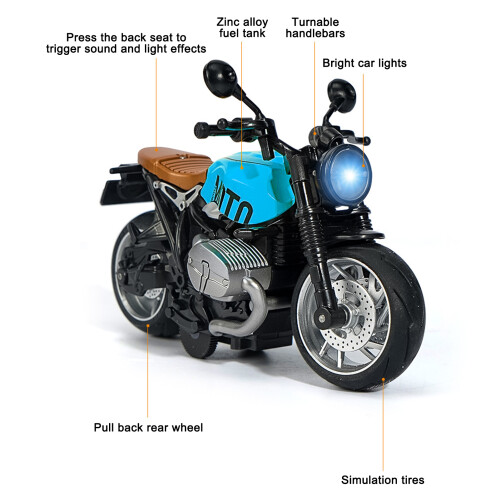 Lighted 1:12 Pull Back Motorcycle Toy for Kids Boys Retro Blue Black Finish 2