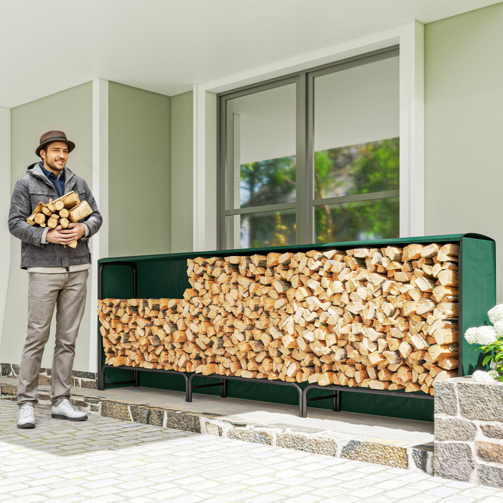 Outsunny Firewood Rack with Waterproof Cover 300 x 36 x 99 cm Dark Green | Heavy Duty Metal Log Store Indoors, Log Storage Holder, for Outdoor Indoor Fireplace - Image 5