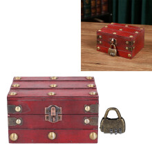 Vintage Wooden Storage Box 145x120x85mm with 3 Lock Red Treasure Chest