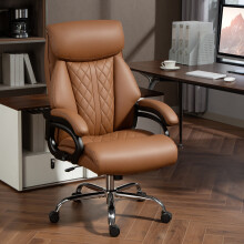 (Brown) HOMCOM PU Leather Office Chair with Spring Padding, Swivel Wheels