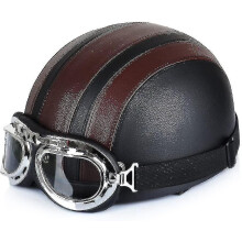 Offener Leder-Motorradhelm, Rollerhelm mit UV-Brille, Vintage-Retro-Stil, 54-60 cm