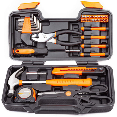 39-piece tool set, general-purpose household tool set, plastic tool box, orange