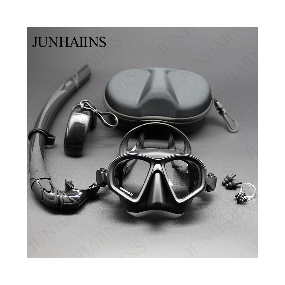 Adult tempered glass diving mask with snorkel, BLACK SET