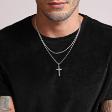 Cross Necklace Men Stainless Steel Silver Black Gold Layered Rope Chain Cross Pendant