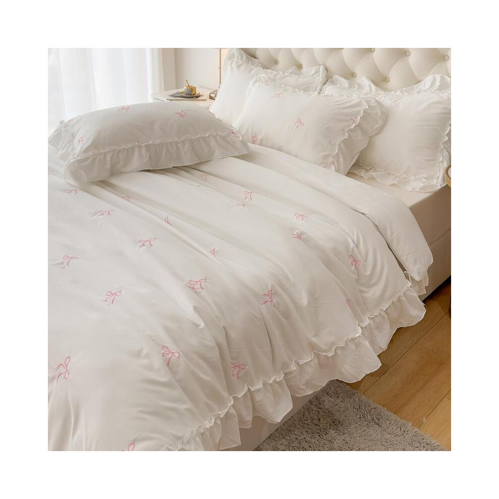 (Embroidery ruffle, Single(135*200cm/53*79inch)) Bow Embroidery Bedroom Bedding Set, 1 Duvet Cover & 1/2 Pillowcases without Filler, Modern Bedding Se-image-OPC-PJBNRHR-NEW