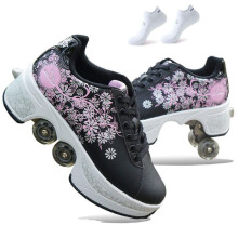 Hiking Shoes 2-In-1 4-Wheel Quad Roller Skates Black