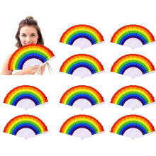 10pcs Rainbow Hand Fans Pride Fan Folding Held Fan Decorative Ornaments(White Slats)