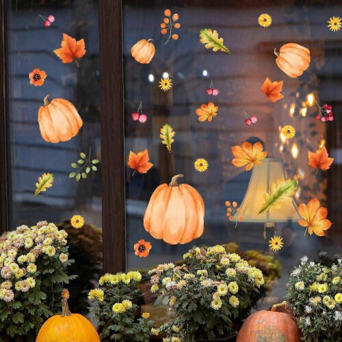 2 sets of pumpkin maple leaf electrostatic glass stickers window wall stickers double-sided visual g 1