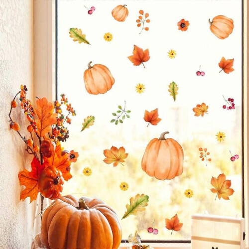 2 sets of pumpkin maple leaf electrostatic glass stickers window wall stickers double-sided visual g