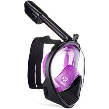 Fullface snorkel mask, diving mask, antifog diving swimming goggles, full dry snorkel equipment, 180 wide field of view Black Purple L