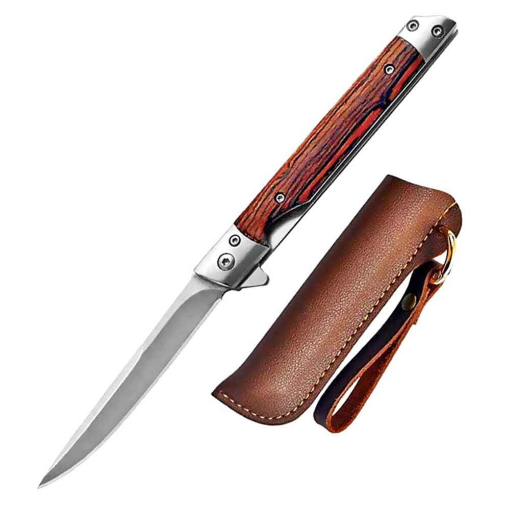 Knife Small Compact Folding Tanto Neck Wood Handle