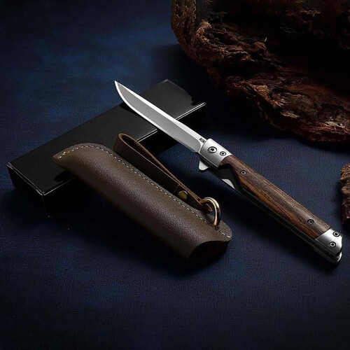 Knife Small Compact Folding Tanto Neck Wood Handle 2