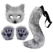 (grey) Furry Cat Fox Mask Christmas Party Cat Fox Cosplay Costume Mask Tail Paws Set
