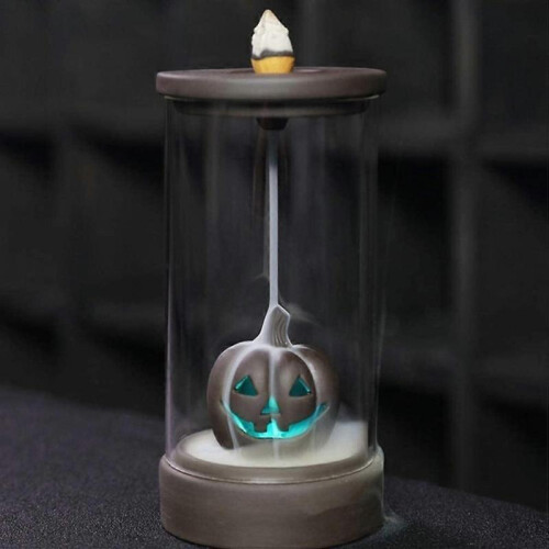 Handmade Ceramic Backflow Incense Holder with LED Lights and Acrylic Windproof Lid, for Home Decor,