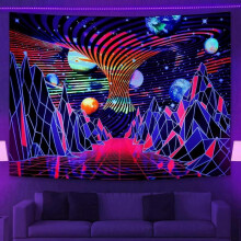 Blacklight Tapestry UV Reactive Tapestry Trippy Mountain and Planet Tapestry Psychedelic Neon Tapest