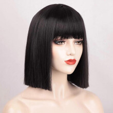 Black Bob Wig with Bangs Heat Resistant Synthetic Wig Cosplay Everyday Party Use 12 Inch