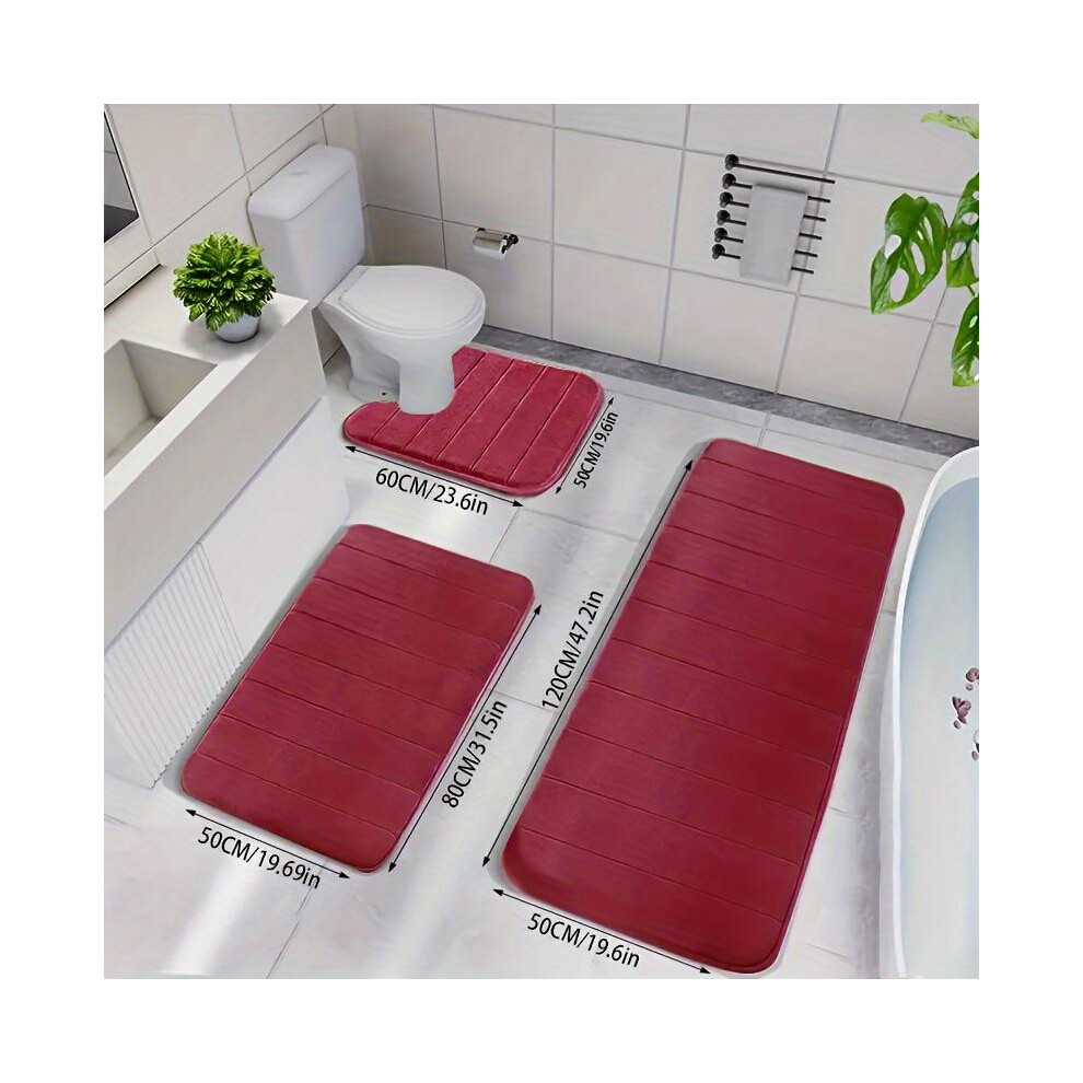 (Burgundy) 3-Piece High-End Ultra-Soft Non-Slip Bath Mat Set, Quick-Dry Knitted Fabric Bathroom Carpet, Fade-Resistant Comfortable Floor Mat, Home Dec-image-OPC-PJBPDY9-NEW