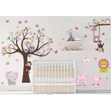 Kids Pink Jungle Theme Peel & Stick Girl Nursery Wall Decal, Colorful Owl Giraffe Lion Tree Decorati