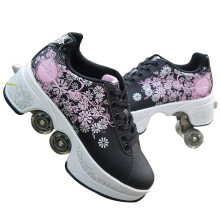 deformation shoes, outdoor skating hiking shoes, suitable for adults and children, 2in1, multipurpose shoes, roller skates, BlackPink 37