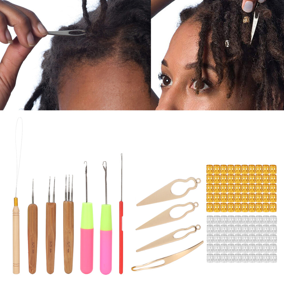 Unisex Gold Dreadlocks Accessories Set: Braid Rings Crochet Hook Hair Extensions