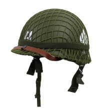 Reproduction of the M1 helmet of the US Army from WWII with simulated net/canvas chin strap