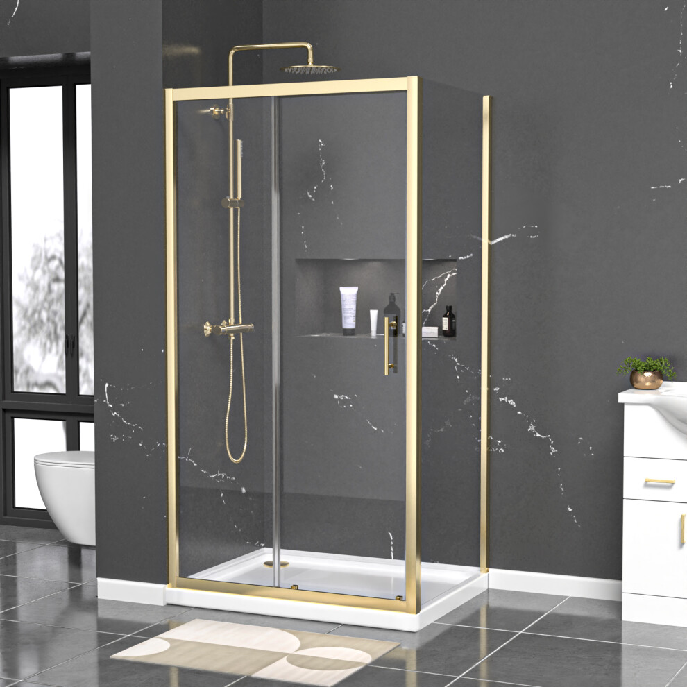 Nes Home Brushed Brass 1000 X 700Mm Shower Enclosure Sliding Door Panel & Tray