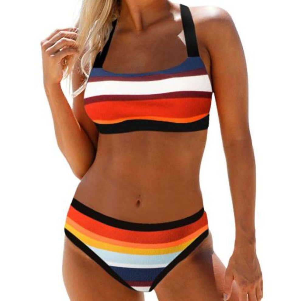 (2XL, red) 2 Pcs/set Women Bikini Set Colorful Stripe Print U Neck Contrast Color Swimming Suit Water Sports Clothes