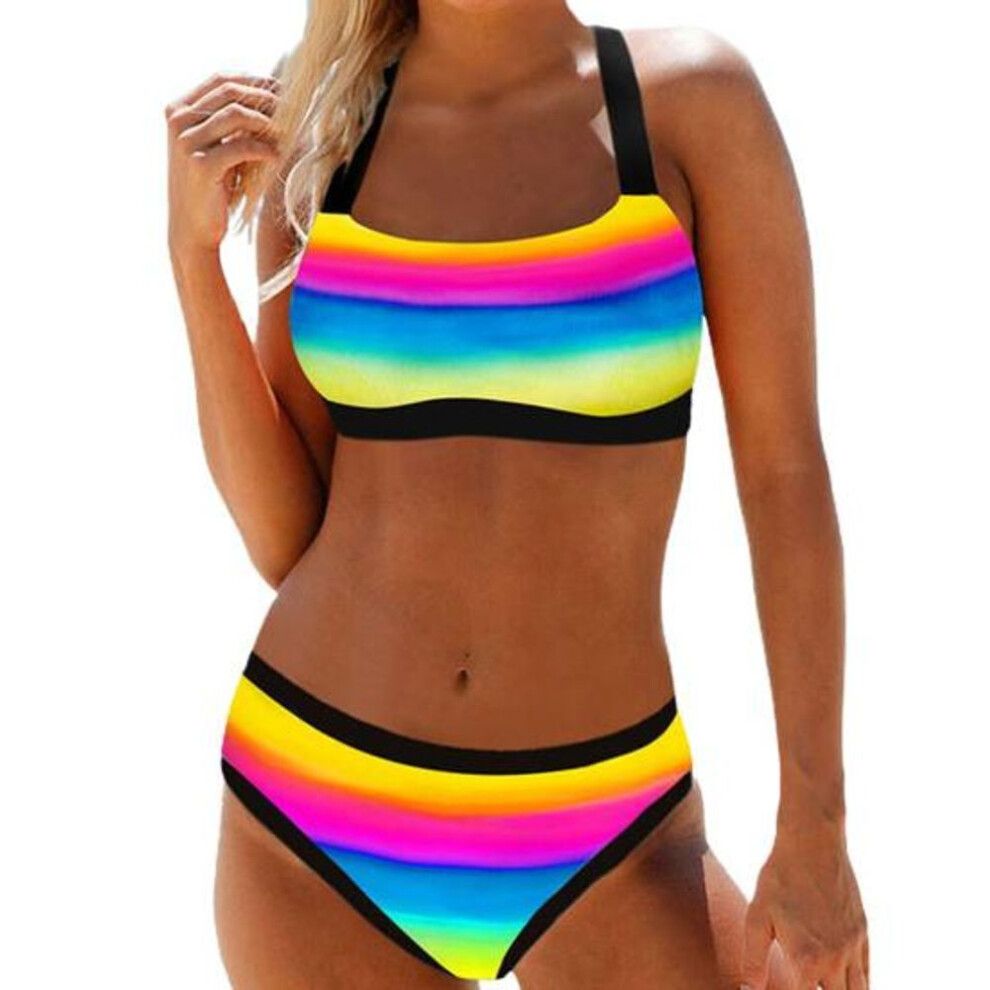 (M, blue) 2 Pcs/set Women Bikini Set Colorful Stripe Print U Neck Contrast Color Swimming Suit Water Sports Clothes