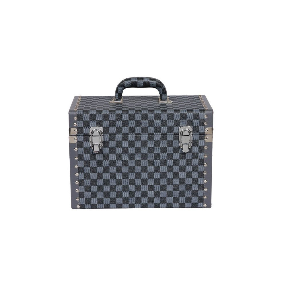 Large Storage Trunk Checkered Navy Grey Vanity Case Faux Leather Travel Chest-image-OPC-PJBQ5J7-NEW