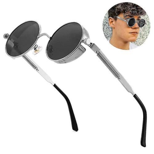 (silver   gray)Steampunk Round Retro Polarized Sunglasses Retro Glasses Protective Material Frame
