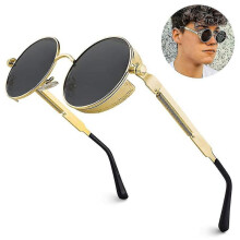 (gold gray)Steampunk Round Retro Polarized Sunglasses Retro Glasses Protective Material Frame