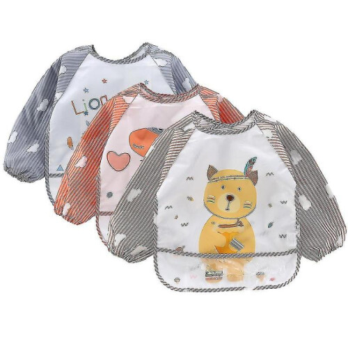 (shape1)3-pack Sleeve Waterproof Bib Coverage Apron Bib Smock Toddler Bibs With Pocket