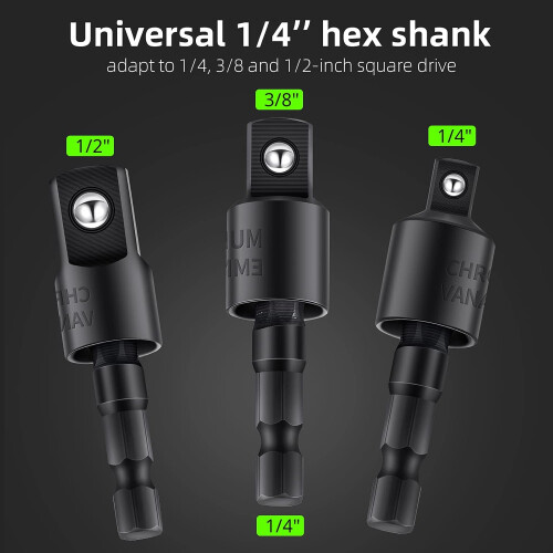 (Black) 4 Pcs Impact Socket Adapter Set 90 Degree right angle Drill Attachment 360 Rotatable 1/4 3/8 1/2" Impact Grade Socket Adapter for Cordless 1