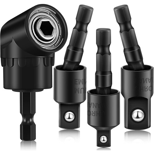 (Black) 4 Pcs Impact Socket Adapter Set 90 Degree right angle Drill Attachment 360 Rotatable 1/4 3/8 1/2" Impact Grade Socket Adapter for Cordless