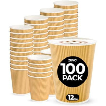 Zuvo Coffee Cups 12 OZ - NO Lids - 100 Disposable Brown Ripple Coffee Cups - Ideal for Takeaways