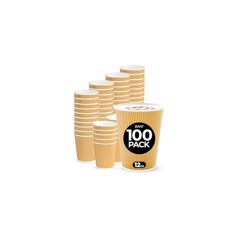 Zuvo Coffee Cups 12 OZ - NO Lids - 100 Disposable Brown Ripple Coffee Cups - Ideal for Takeaways