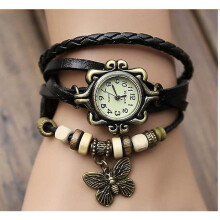 Montre-bracelet papillon vintage en cuir pour femme (noir)