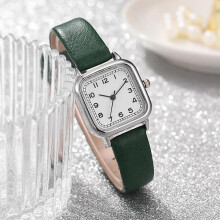 #Damenuhr mit Lederarmband und quadratischem Zifferblatt - Dunkelgrün#