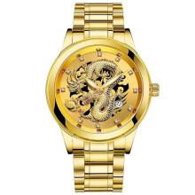 Herenhorloge met gouden draaksculptuur, quartzhorloge, luxe herenhorloge van staal