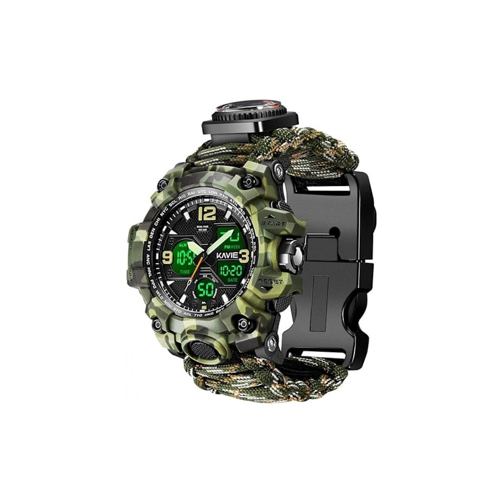 Men's digital sports watch, waterproof outdoor watch with compass and paracord bracelet