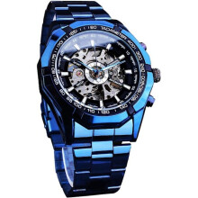 Herrenuhr mit automatischem Aufzug, Skelett, ausgeschnitten, mechanisch, automatisch, Luxusuhr, blau/schwarz,