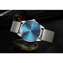 (zilveren mesh band-blauw)Echt ultradun stalen herenhorloge met quartz uurwerk, kalender en waterbestendigheid