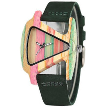 (Bronze) Einzigartige dreieckige Damen-Holzuhr, kreativ, bunt, grün/rot, echtes Lederarmband