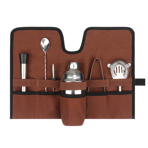 Portable Canvas Cocktail Kit Bag, Foldable Roll, 45x31.5cm Brown 2