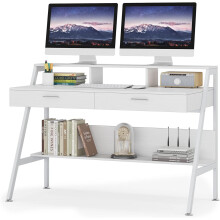 Tribesigns Schreibtisch 120 cm mit Ablage, Schubladen und Monitorständer, moderner Arbeitstisch für Homeoffice und Büro, Weiß