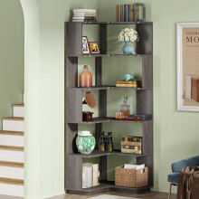 Tribesigns L-förmiges Bücherregal 6-stöckig, modernes Eckregal mit geometrischem Design, freistehendes Aufbewahrungsregal in Grau